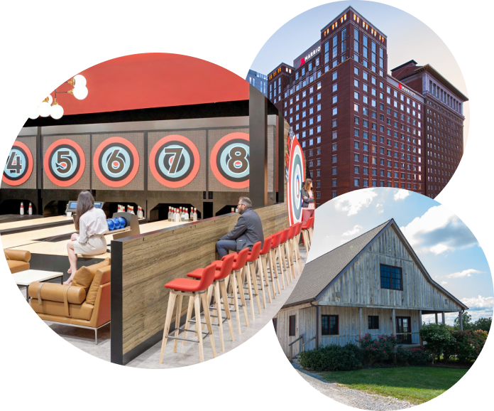 Bowling alley, hotel, cabin